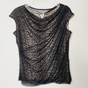 Worthington leopard cowl neck sheer black mesh sleevless top shell women's XL